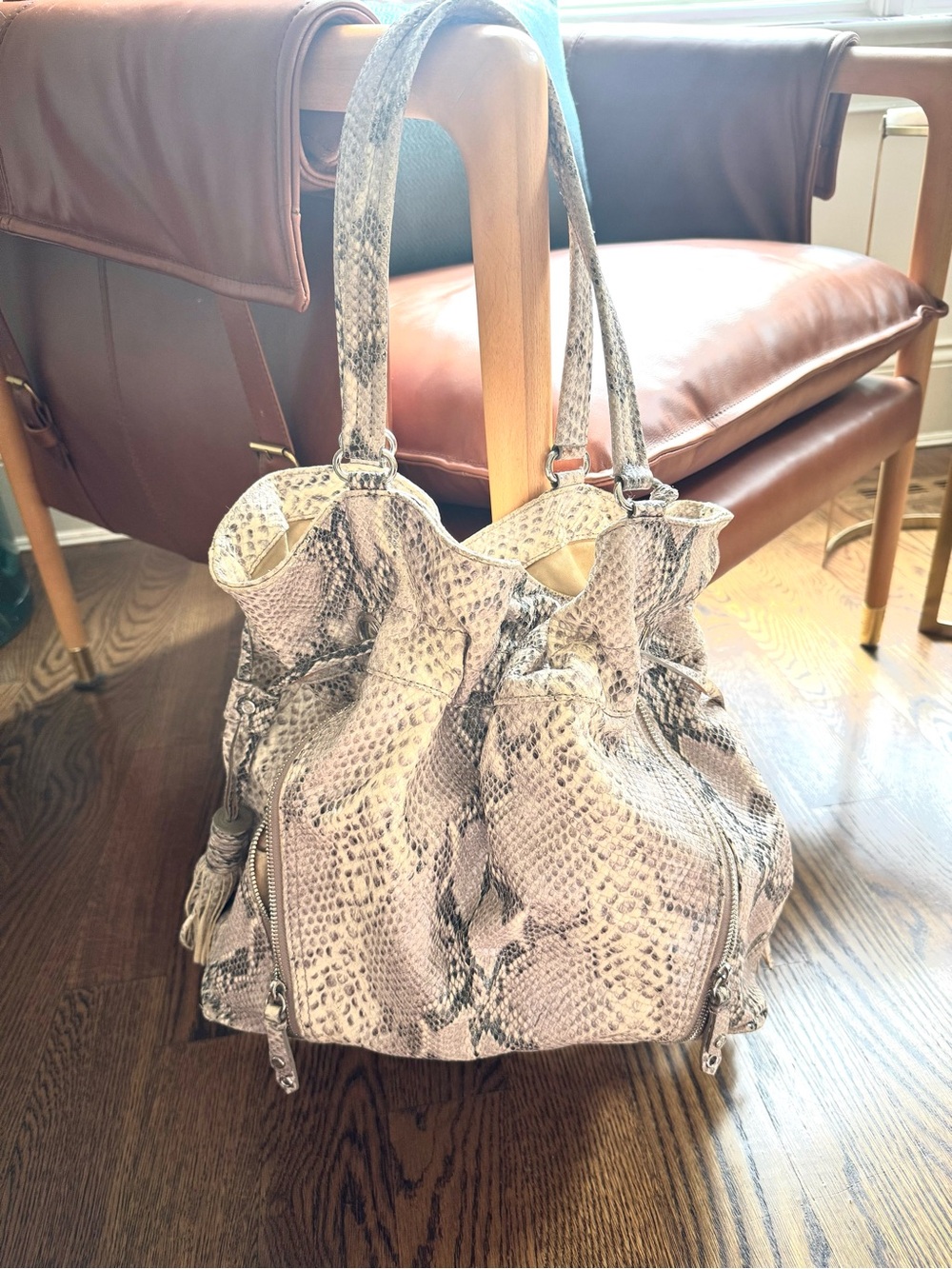 Cole Haan Snake-Print Drawstring Shoulder Bag - Neutral Tones